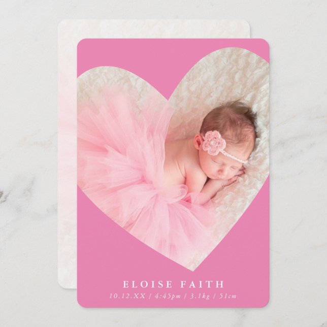 BABY GIRL Modernes Foto niedlicher Herzrahmen rosa Einladung (Vorne/Hinten)