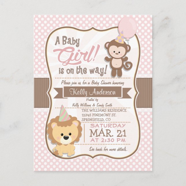 Baby Girl Monkey und Lion Pastel Baby Dusche Einladungspostkarte (Vorderseite)