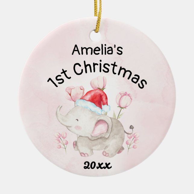 Baby Girl Name First Christmas Pink & Custom Keramik Ornament (Vorne)