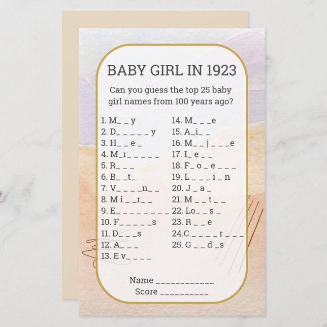 Baby Girl Name füllen Sie das leere Baby Shower Ga (Vorne/Hinten)