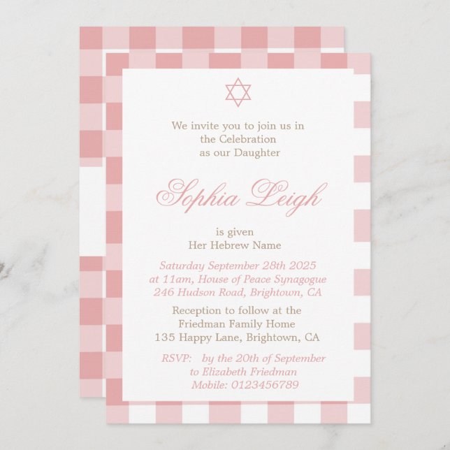Baby Girl Namemony Zeremonie Hebräisches jüdisches Einladung (Vorne/Hinten)