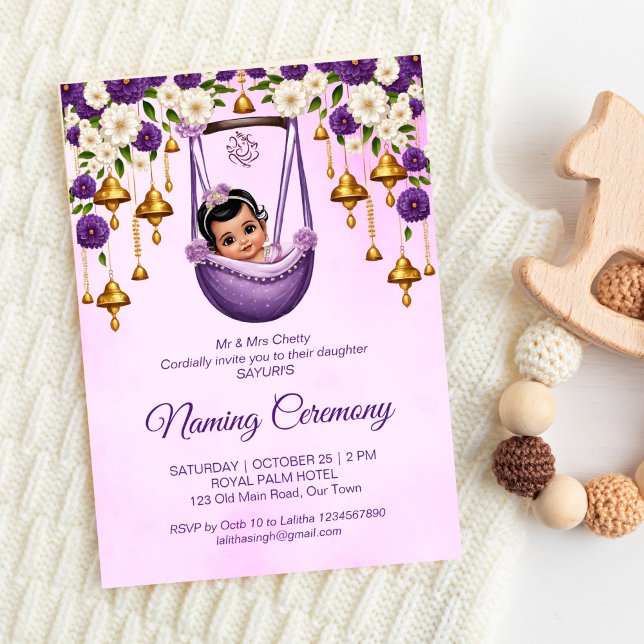 Baby Girl Naming Namkaran Wiege Zeremonie lila Einladung (Baby Girl Naming Namkaran Cradle Ceremony purple Invitation template instant download cute girl sari)