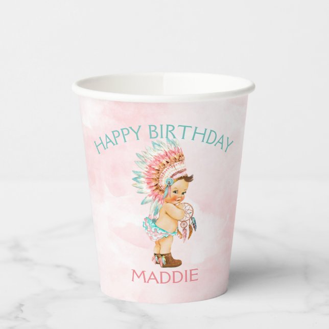 Baby Girl Native Boho Feathers Blush Pink Aqua Pappbecher (Links)