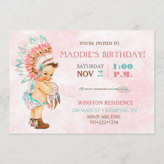 Baby Girl Native Tribal Headdress Blush Pink Aqua Einladung
