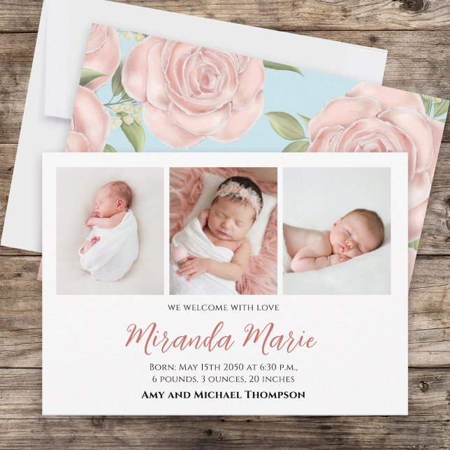 Baby Girl Newborn Foto Collage Simple Pink Floral (Von Creator hochgeladen)