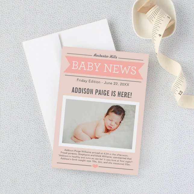 Baby Girl News Modern Blush Pink Foto Birth Ankündigung (Von Creator hochgeladen)