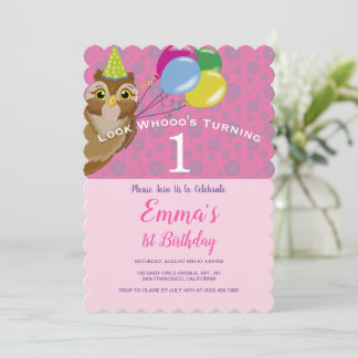 Baby Girl Niedlich Owl Balloons 1. Geburtstag Einl Einladung
