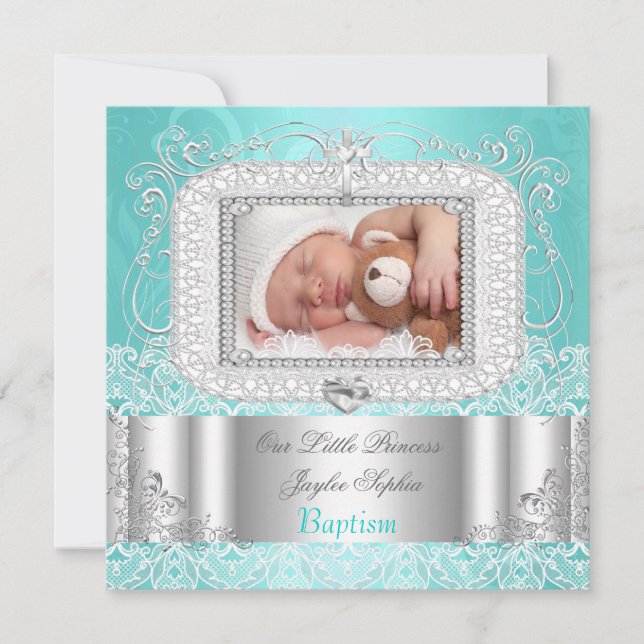 Baby Girl oder Junge Christening Taufe aquamarin Ankündigung (Vorderseite)