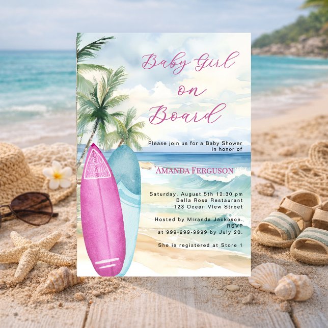 Baby Girl on Board surfboard beach Baby Shower Einladung (Von Creator hochgeladen)
