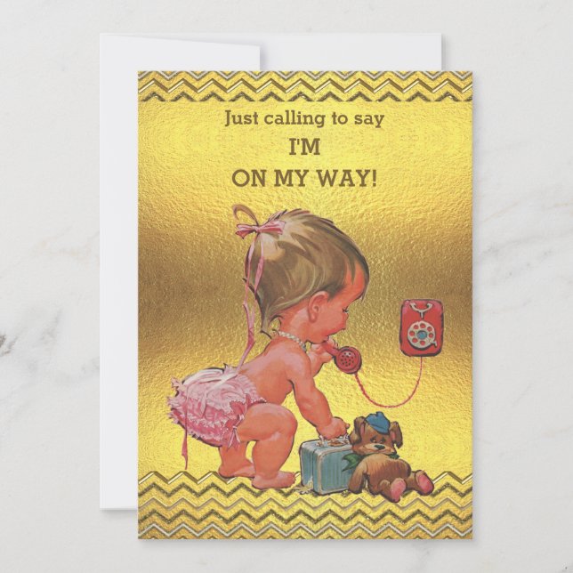 Baby Girl on Phone Baby Shower Gold Chevrons Einladung (Vorderseite)