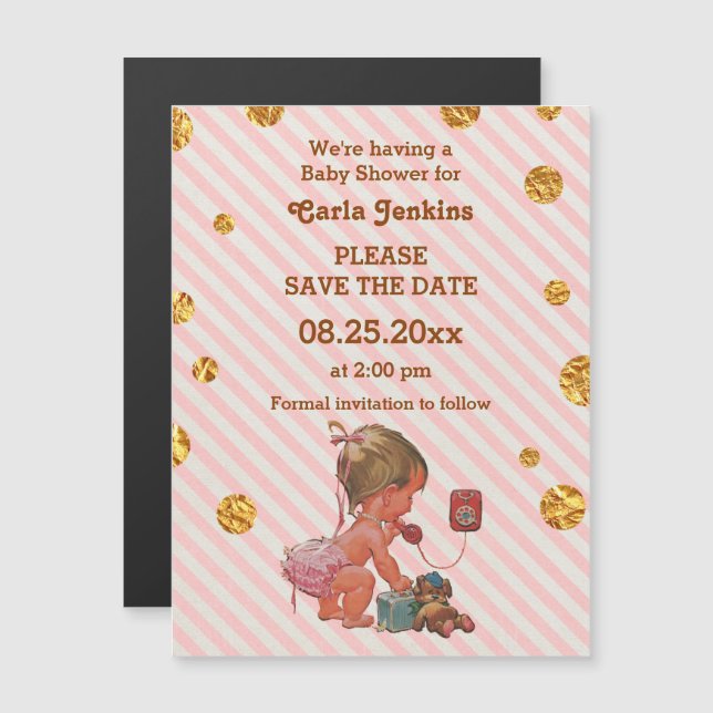 Baby Girl on Phone Gold Confetti Magneteinladung (Vorne/Hinten)