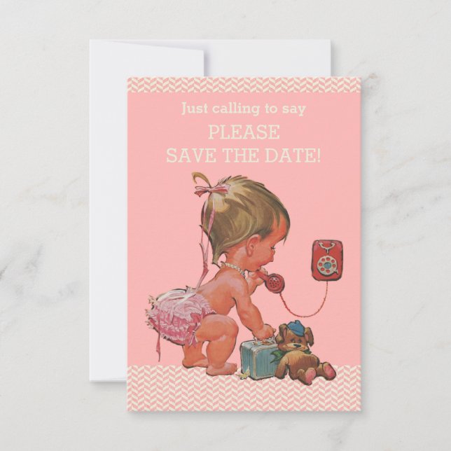 Baby Girl on Phone Kinderdusche Save the Date (Vorderseite)