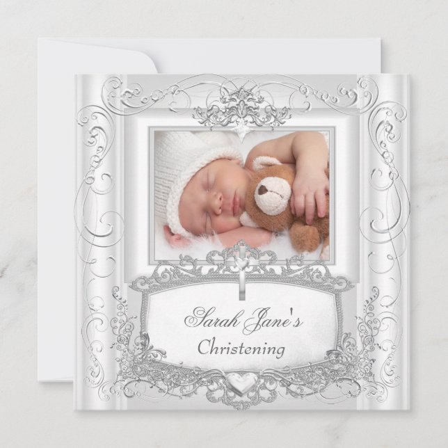 Baby Girl or Boy Christening Taufe Silver White Ankündigung (Vorderseite)