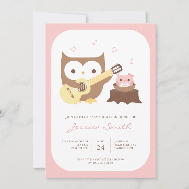 Baby Girl Owl Guitar Baby Dusche Einladung (Vorderseite)