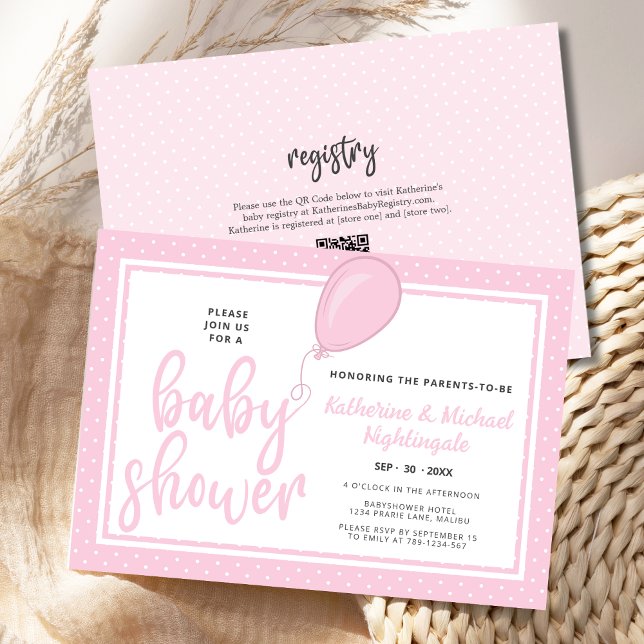 Baby Girl Parents Pink QR Code Babydusche Einladung (Parents to Be Pink Baby Shower invitation with white polka dots, QR code, registry.)