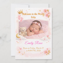 Baby Girl Photo Announcement Card Pink Floral