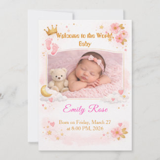 Baby Girl Photo Announcement Card Pink Floral Einladung