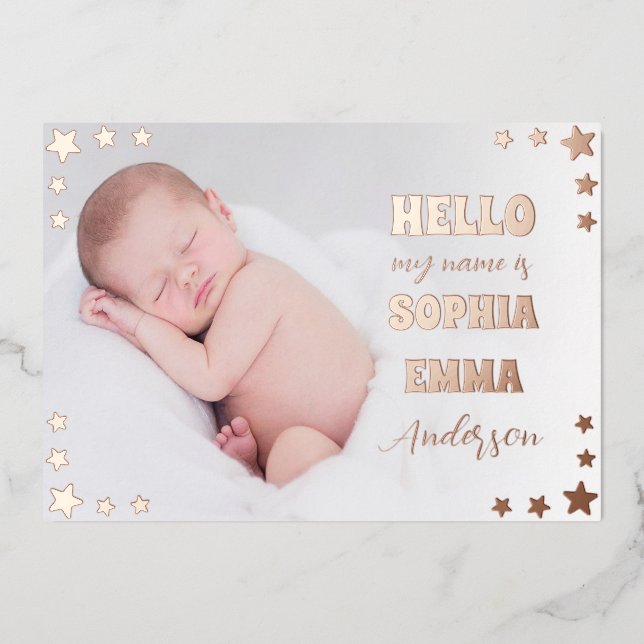 Baby Girl Photo Birth Announcement: Script & Stars Folieneinladung (Vorderseite)