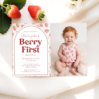 Baby Girl Photo Strawberry Berry First Birthday Einladung