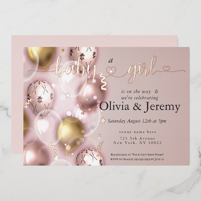Baby Girl Pink Balloons Baby SHower Folieneinladung (Vorderseite/Rückseite)