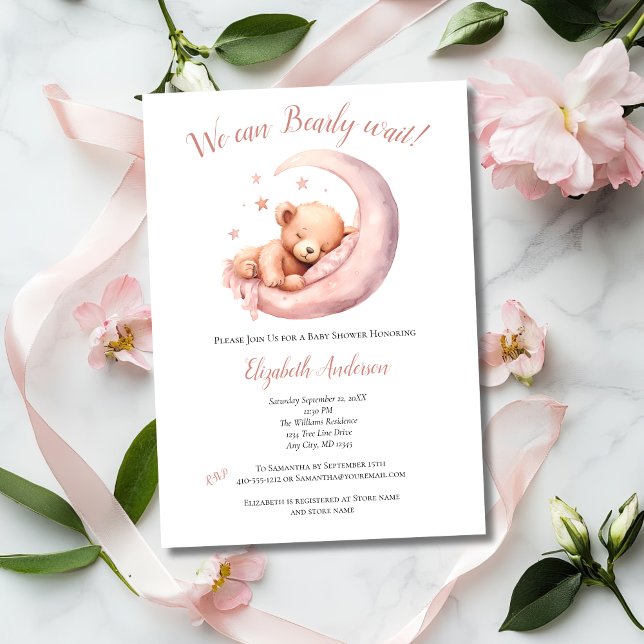Baby Girl Pink Bear Moon Bearly Wait Baby Dusche Einladung (Pink Baby Girl Baby Shower Invitation Bearly Wait Bear sleeping in moon. Printed or digital download)