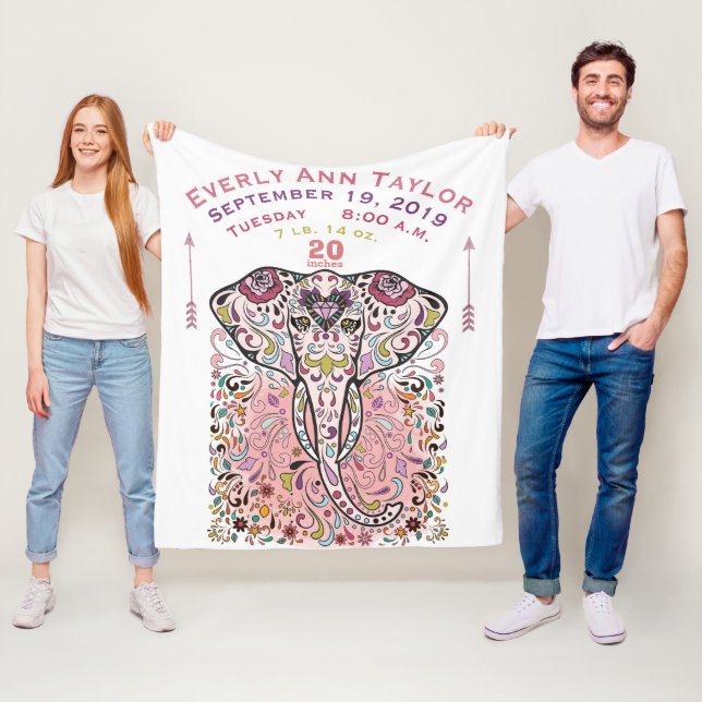 Baby Girl Pink Birth Record Elephant Fleecedecke (Beispiel)
