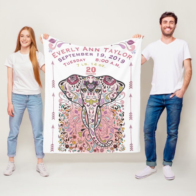 Baby Girl Pink Birth Record Stats Elephant Stamm Fleecedecke (Beispiel)
