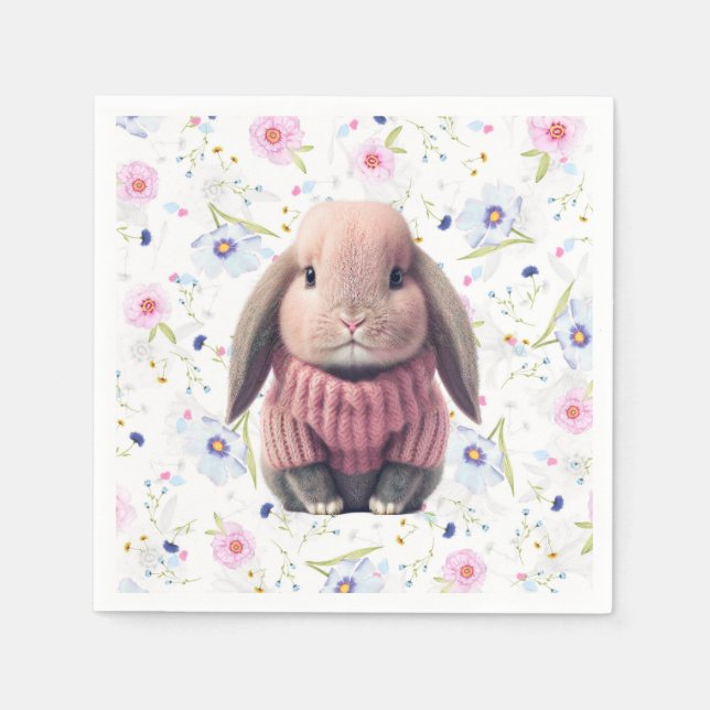 Baby Girl Pink Bunny Floral Paper Napkins Serviette (Vorderseite)