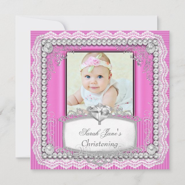 Baby Girl Pink Christening Taufe Cross Lace Einladung (Vorderseite)