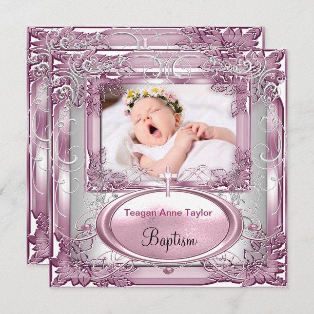 Baby Girl Pink Christening Taufe Kreuz Weiß Einladung (Vorne/Hinten)