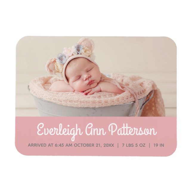Baby Girl Pink Custom Foto Geburtsankündigung Magnet (Horizontal)