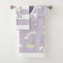 Baby Girl Pink Doodle Unicorn Regenbogenmuster Nam Badhandtuch Set