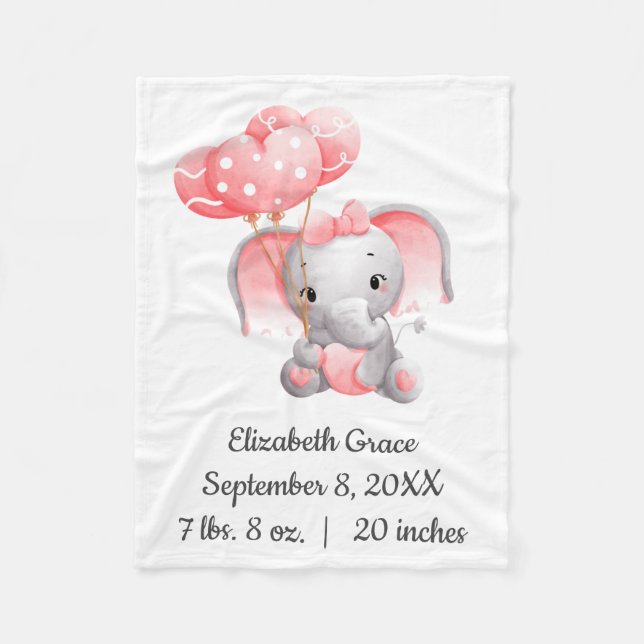 Baby Girl Pink Elephant Balloons Birth Stats Baby Fleecedecke (Vorderseite)