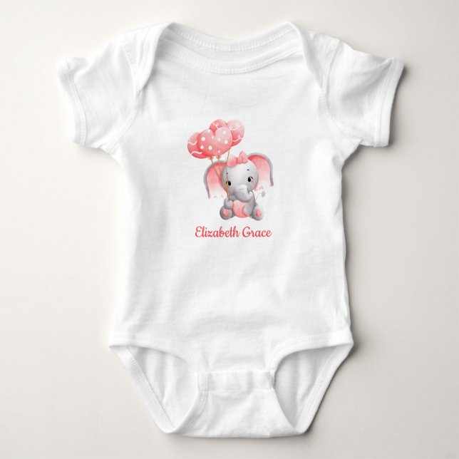 Baby Girl Pink Elephant Balloons Personalisiert Baby Strampler (Vorderseite)