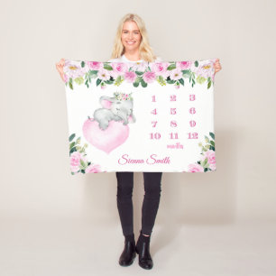 Baby Girl Pink Floral Baby Elephant Milestone Name Fleecedecke