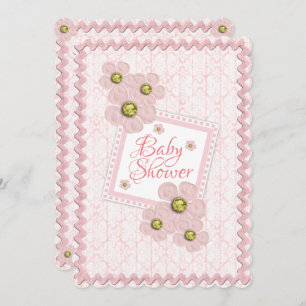 Baby Girl Pink Floral Damask Rick Rack Baby Dusche Einladung