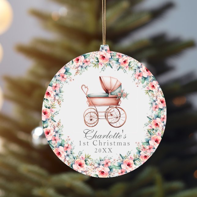 Baby Girl Pink Floral First Christmas Stroller Keramik Ornament (Baby Girl Pink Floral First Christmas Stroller Ceramic Ornament)
