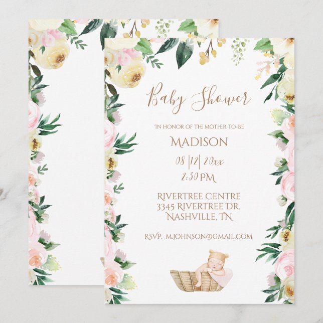 Baby Girl Pink Floral Script Elegant Baby Shower Einladung (Vorne/Hinten)