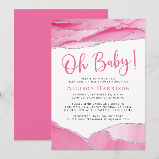 Baby Girl Pink Geode Virtual Dusche Einladung (Vorne/Hinten)