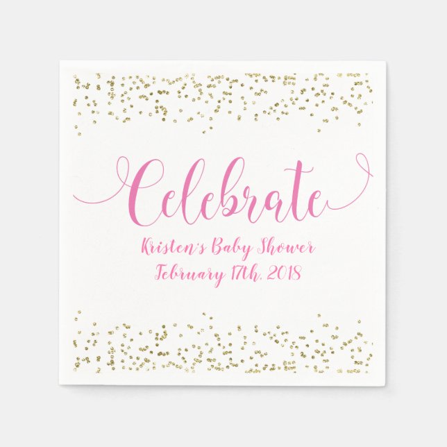 Baby Girl Pink Gold Confetti Celebrate Party Serviette (Vorderseite)