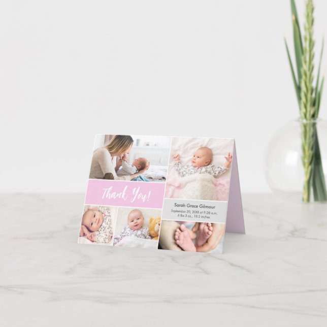 Baby Girl Pink Gray Custom Foto Collage Dankeskarte (Vorderseite)