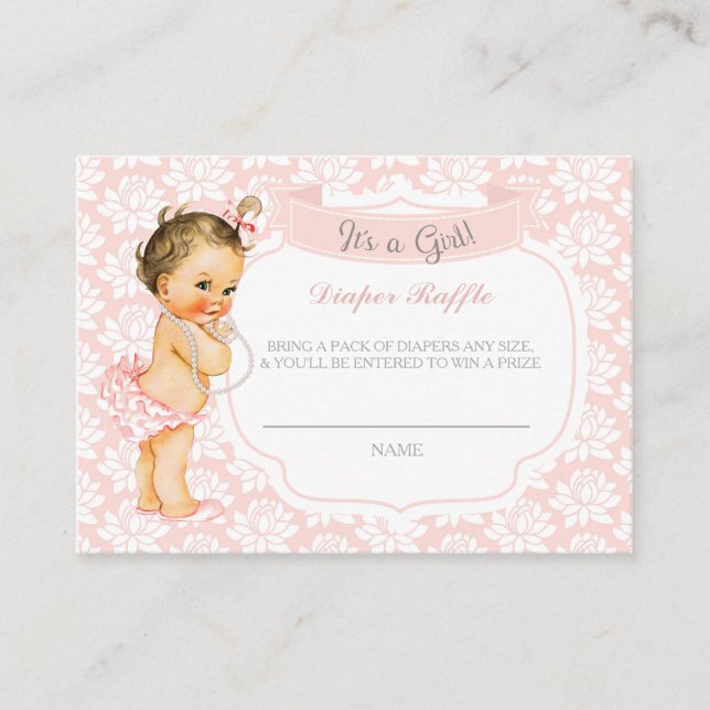 Baby Girl Pink Gray Diaper Raffle Ticket Begleitkarte (Vorderseite)