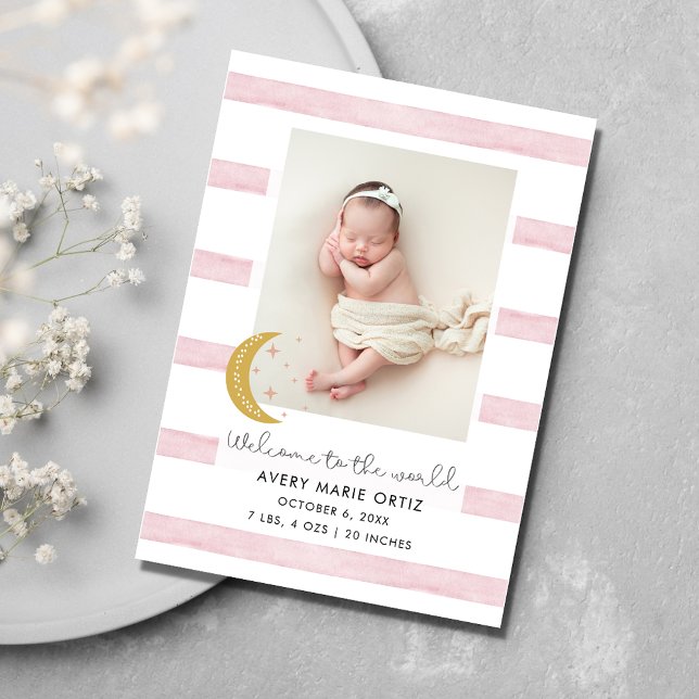 Baby Girl Pink Moon Stars Photo Birth Announcement (Baby Girl Pink Moon Stars Photo Birth Announcement)