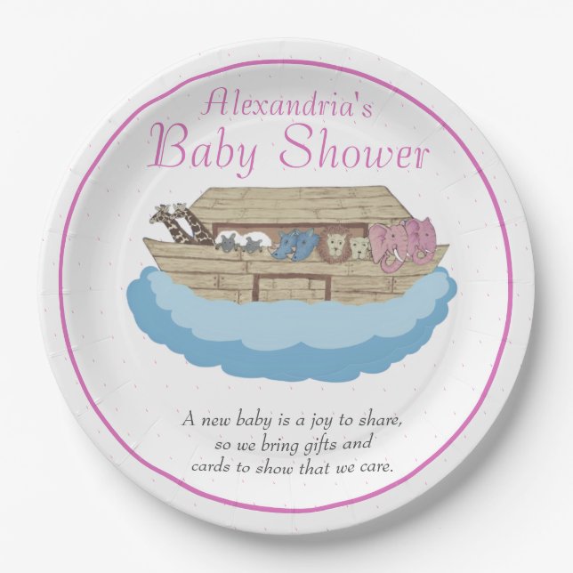 Baby Girl Pink Noah's Ark Baby Shower Einladung Pappteller (Vorderseite)