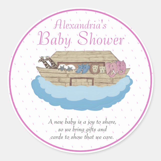 Baby Girl Pink Noah's Ark Baby Shower Einladung Runder Aufkleber (Vorderseite)
