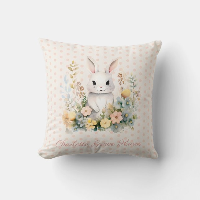 Baby Girl Pink Rabbit und Blume Personalisiert Kissen (Vorderseite)