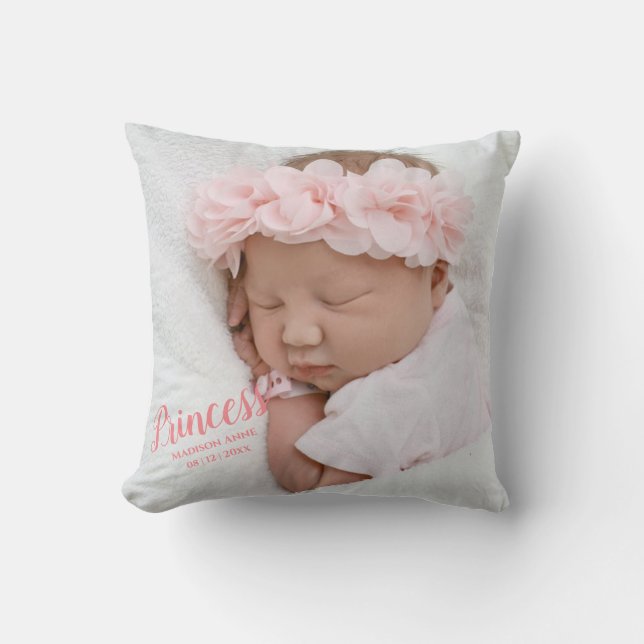 Baby Girl Pink Script Foto Birth Keepake Kissen (Vorderseite)