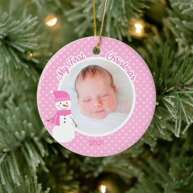 Baby Girl Pink Snowman Erstes Weihnachtsfest Foto Keramik Ornament