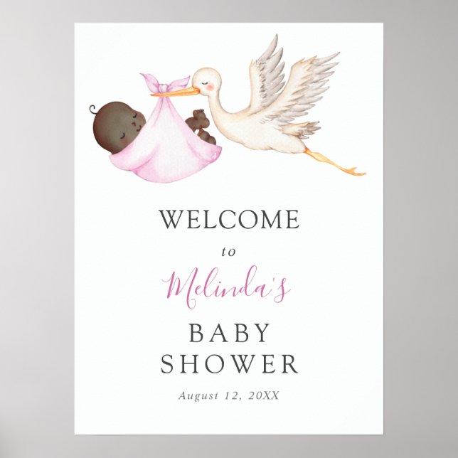 Baby Girl Pink Stork Baby Dusche Willkommenspender Poster (Vorne)