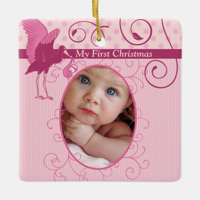 Baby Girl Pink Stork Birth Stats Foto Keramikornament (Vorderseite)
